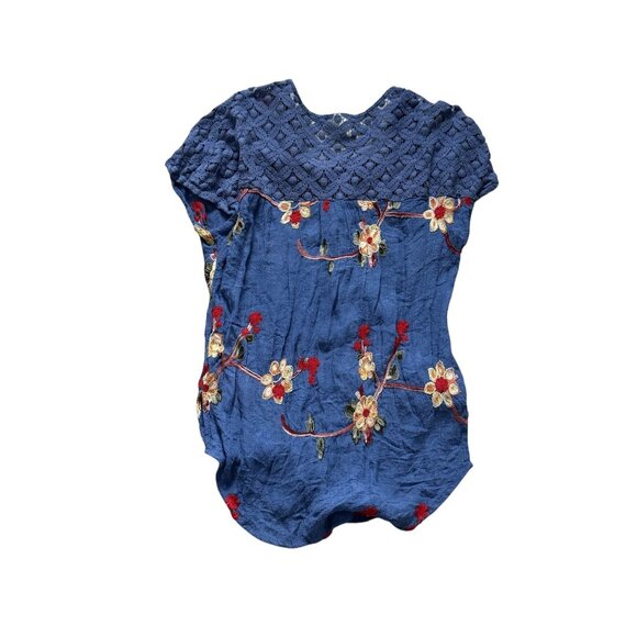 Anthropologie Fig & Flower Blue Embroidered Button-Up Short Sleeve Top L - Picture 2 of 6